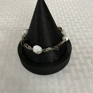 Black and White Glass Silver and Gold Tone Toggle Bracelet